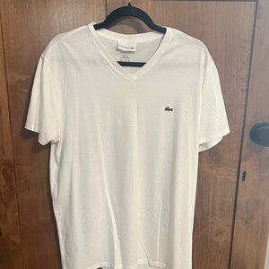 Lacoste Men's White V-Neck Tee with Green Crocodile Logo
